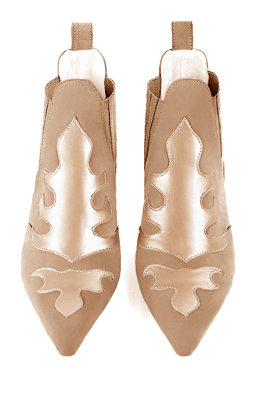 Tan beige and gold women's ankle boots, with elastics. Pointed toe. Low cone heels. Top view - Florence KOOIJMAN
